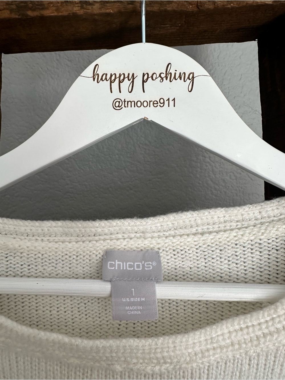 Chico's Cream & Tan Bell-Sleeve Crew Sweater, size medium (1) - Picture 8 of 14